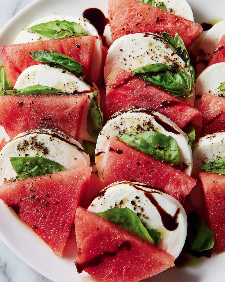 This image shows a dish with multiple layers on a white plate placed on a white marbled surface. The bottom layer consists of white, smooth, round slices of mozzarella cheese, each topped with a bright red, slightly textured triangular slice of watermelon. Between these layers, fresh green basil leaves are placed, creating a nice contrast of colors. The whole dish is finished with a drizzle of dark balsamic glaze and small black pepper specks spread evenly across the top layers, giving a shiny and slightly glossy appearance. photo taken with an iphone --ar 4:5 --v 7
