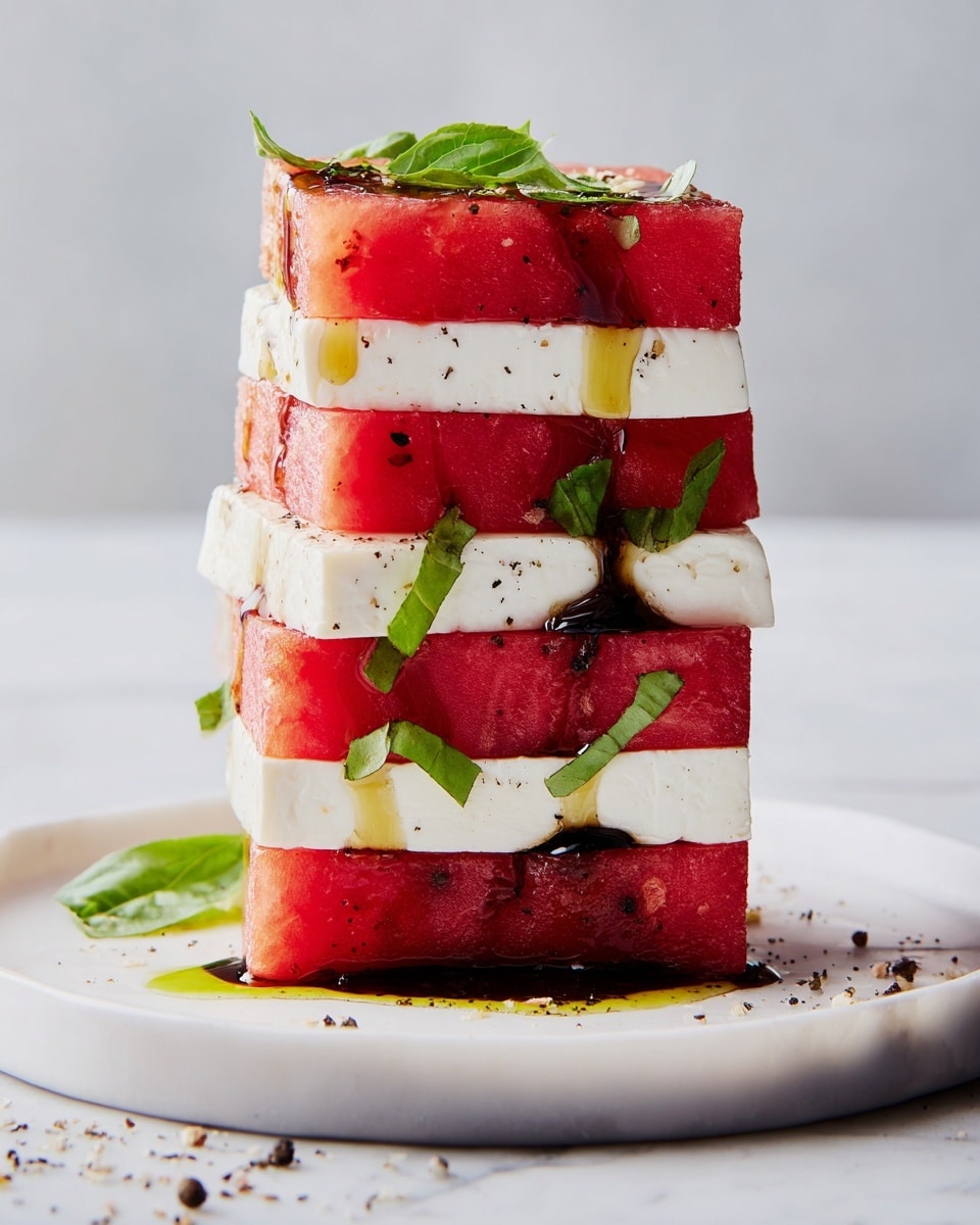 A stack of four thick rectangular slices of red watermelon alternating with four thick slices of white feta cheese, each cheese layer topped with a few small green basil leaves. A dark balsamic glaze and golden olive oil drip down the sides, pooling slightly on the white plate beneath. The plate sits on a white marbled surface with a light gray background, with some black pepper scattered around. photo taken with an iphone --ar 4:5 --v 7