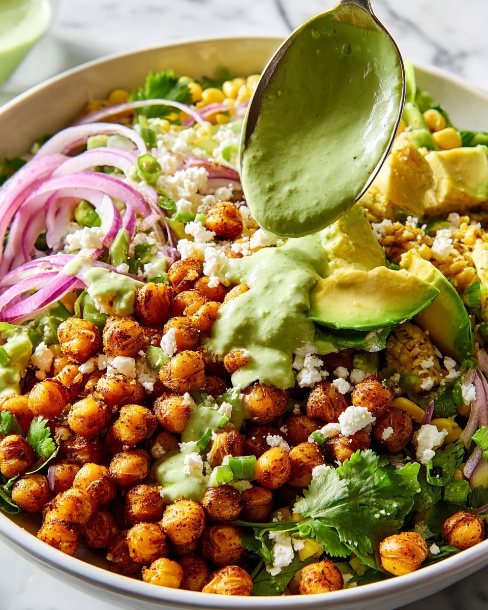 A white bowl filled with a layered salad starting with a base of small roasted chickpeas that are golden brown and slightly crispy, scattered evenly across the bowl. On top, there are pieces of sliced avocado with a smooth light green color, fresh green cilantro leaves spread throughout, and bits of crumbled white cheese. Thin slices of purple onion and small yellow corn kernels peek through, adding more color and texture. Bright green chopped scallions are sprinkled over everything. A spoon is pouring a thick, creamy light green dressing over the chickpeas, avocado, and cilantro. The background is a white marbled texture. Photo taken with an iphone --ar 4:5 --v 7