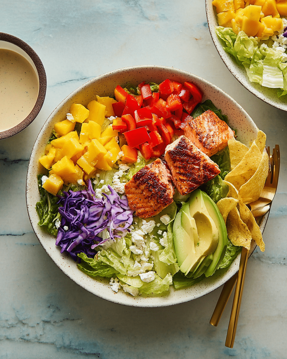A white speckled bowl filled with a colorful layered salad: the bottom layer is light green romaine lettuce, scattered with small white cheese crumbles. On top, there are bright yellow mango cubes on one side, shiny red bell pepper pieces next to leafy greens, and small purple cabbage chunks. In the center, a golden-brown grilled salmon fillet with a slightly charred texture is cut into two pieces. On one edge of the bowl, several smooth avocado slices fan out. A few crispy light yellow plantain chips are placed around the bowl edges. A gold fork and spoon rest on the right side inside the bowl. Next to the bowl, a small white dish with a dark rim holds a light brown creamy dressing, all placed on a white marbled surface. photo taken with an iphone --ar 4:5 --v 7