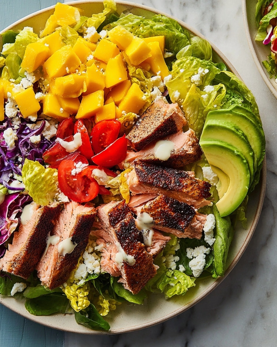 The image shows a close-up of a colorful salad layered on a white marbled surface. The bottom layer is made of green romaine lettuce leaves spread evenly, topped with bright yellow mango cubes on the left side, and fresh light green avocado slices arranged on the right side. In the center, there are thick slices of grilled salmon with a dark crust and pink inside, placed partly over the lettuce and avocado. Scattered pieces of white crumbled cheese and a few thin slices of red tomato rest on top. Light dressing is drizzled over the whole dish, adding a creamy texture that contrasts with the crisp vegetables and fish. Photo taken with an iphone --ar 4:5 --v 7