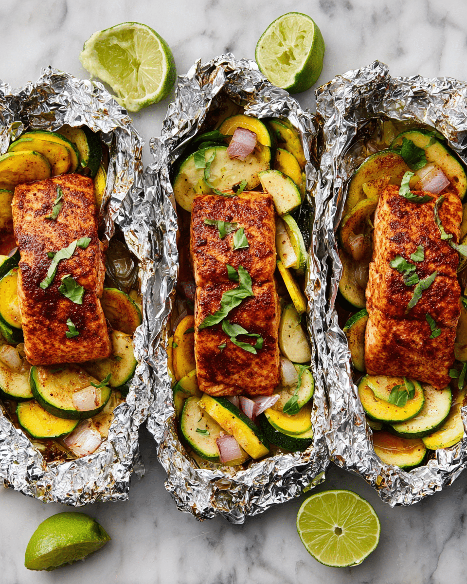 Three foil packets are placed side by side on a white marbled surface, each containing a cooked salmon fillet that has a reddish-brown spice coating on top. Under and around each salmon piece, there is a colorful mix of sliced vegetables including yellow squash, green zucchini, and small chunks of red onion, all lightly browned and cooked. Scattered small green basil leaves are sprinkled on top of the salmon and vegetables. Between and around the foil packets, several lime wedges and squeezed lime halves add bright green and yellow accents. The foil edges are crinkled and shiny, reflecting light. photo taken with an iphone --ar 4:5 --v 7