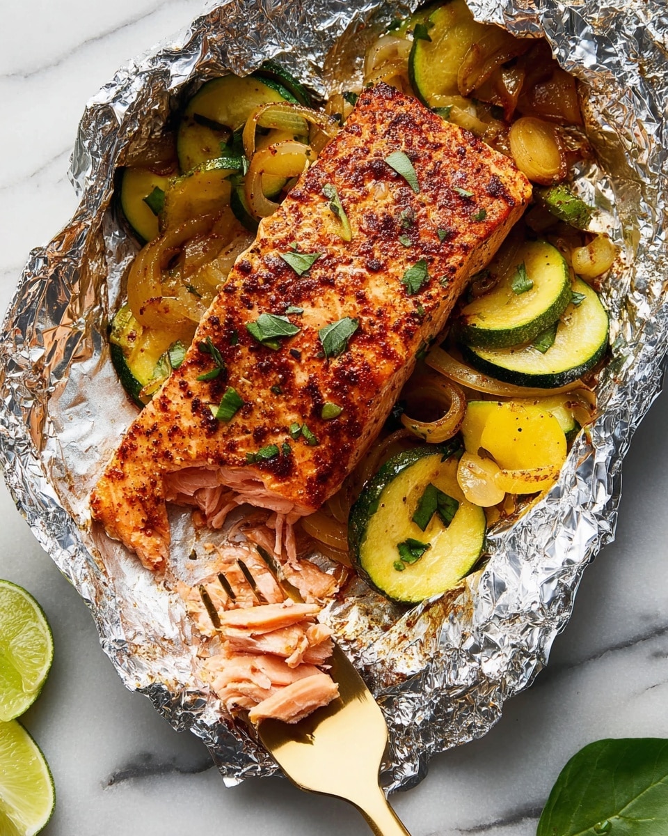 The image shows a piece of cooked salmon with a golden-brown, slightly crispy surface seasoned with spices and small pieces of garlic, resting on a bed of sautéed yellow and green zucchini slices with bits of cooked red onion and scattered fresh green herbs. The salmon is partially flaked, revealing its tender pink flesh inside. A gold fork is holding a small piece of the salmon, placed inside a crumpled aluminum foil packet. A wedge of lime and a couple of green leaves are on the white marbled surface around the foil. Photo taken with an iphone --ar 4:5 --v 7