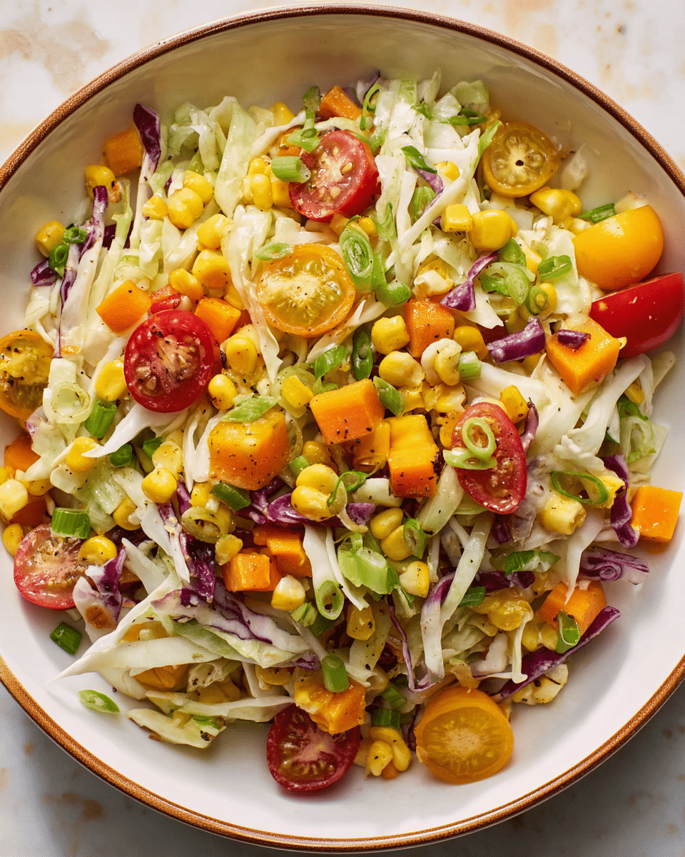 A close-up view of a bright colorful salad in a white bowl with a thin brown rim, placed on a white marbled surface. The salad includes shredded white cabbage as the base layer, mixed with chunky yellow corn pieces, orange and yellow diced squash, halved small red and yellow cherry tomatoes, thinly sliced green onions, and some small diced purple and orange carrots scattered throughout. The salad looks fresh and vibrant with a mix of smooth, crisp, and juicy textures. photo taken with an iphone --ar 4:5 --v 7