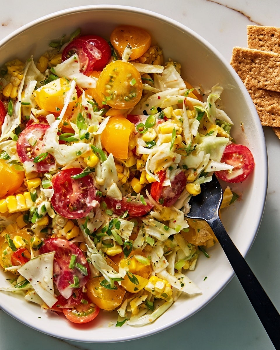 A white bowl filled with a colorful salad featuring layers of chopped yellow and red tomatoes, small corn pieces cut from the cob, shredded white cabbage, diced yellow bell pepper, and chopped green onions, all mixed together and lightly coated with dressing that leaves a slight sheen on the ingredients. A black fork rests inside the bowl, lifting a mix of cabbage, tomato, and corn, showing the salad's fresh and crunchy texture. The bowl sits on a white marbled surface with a piece of brown cracker nearby, adding to the casual, vibrant presentation. Photo taken with an iphone --ar 4:5 --v 7
