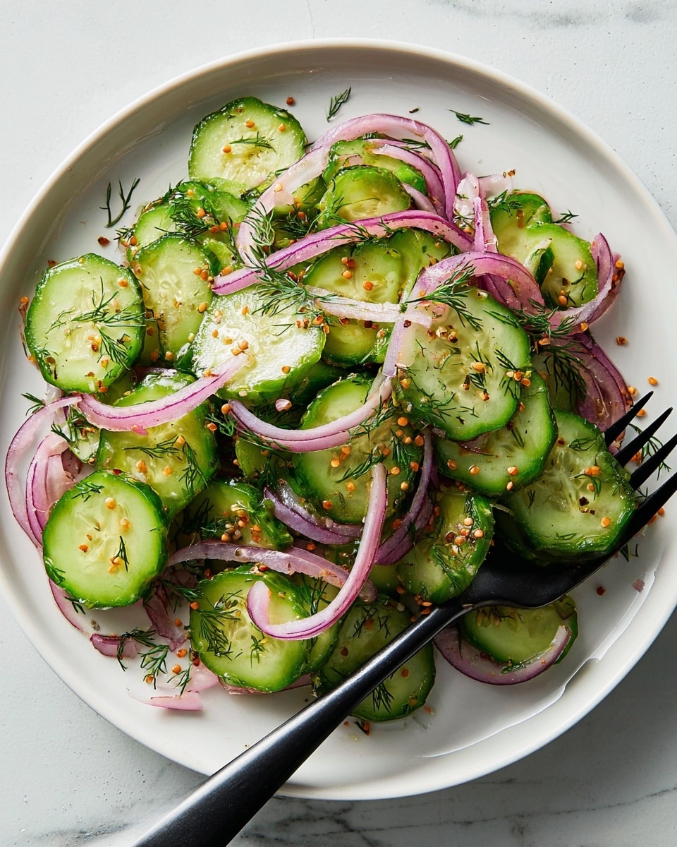 A white plate holds a fresh salad made of two main layers: the bottom layer is smooth, round cucumber slices with bright green edges and pale green centers, and the top layer consists of thin, curved strips of red onion with light purple and white colors. The salad is sprinkled with small mustard seeds and finely chopped fresh dill, adding fine green and orange specks throughout. A black fork rests on the right side of the plate, slightly inserted into the salad. The setup sits on a white marbled surface. photo taken with an iphone --ar 4:5 --v 7