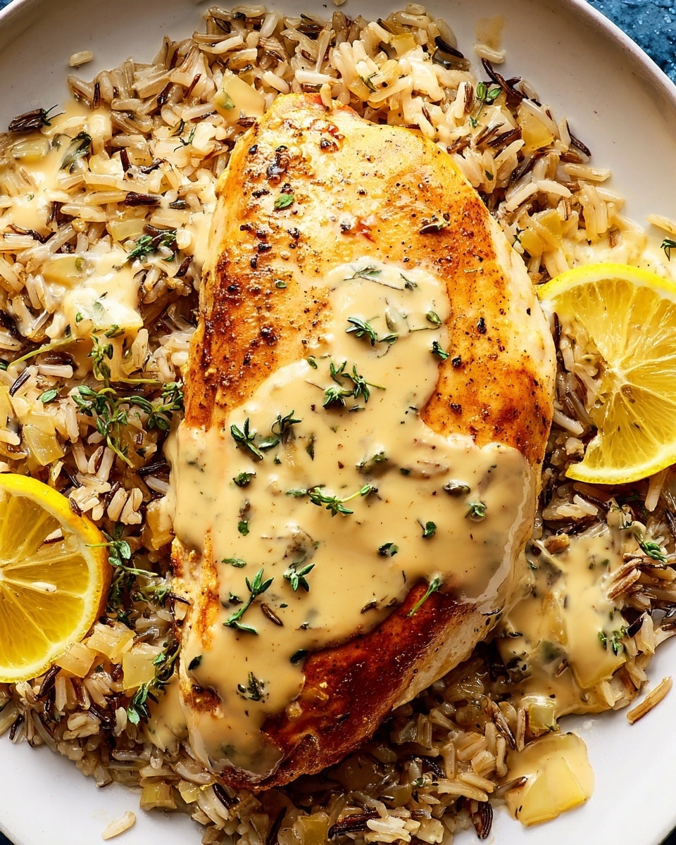 A large piece of cooked chicken breast with golden brown, slightly crispy skin sits on a bed of mixed wild and white rice, with visible textures of grains and bits of herbs. The chicken is topped with a creamy light beige sauce that has small diced pieces of onions and fresh green thyme leaves scattered on it. Around the rice, there are thin slices of cooked lemon adding a hint of yellow color. The dish is served on a white plate on a white marbled texture background. photo taken with an iphone --ar 4:5 --v 7