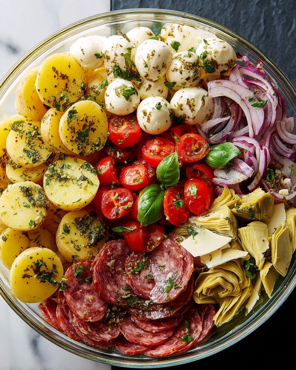 The image shows a round glass bowl filled with six main layers arranged side by side. On the left, there are round yellow boiled potato slices sprinkled with herbs. Next to the potatoes are white mozzarella cheese balls also sprinkled with herbs. In the middle, there are bright red halved cherry tomatoes with green basil leaves. To the right of the tomatoes, there is a pile of thinly sliced marbled salami. Next to the salami, there are triangular pieces of pale green artichoke hearts. Finally, there is a mix of black olive slices and thinly sliced purple onions with chopped parsley on top, all sitting on a white marbled surface. photo taken with an iphone --ar 4:5 --v 7