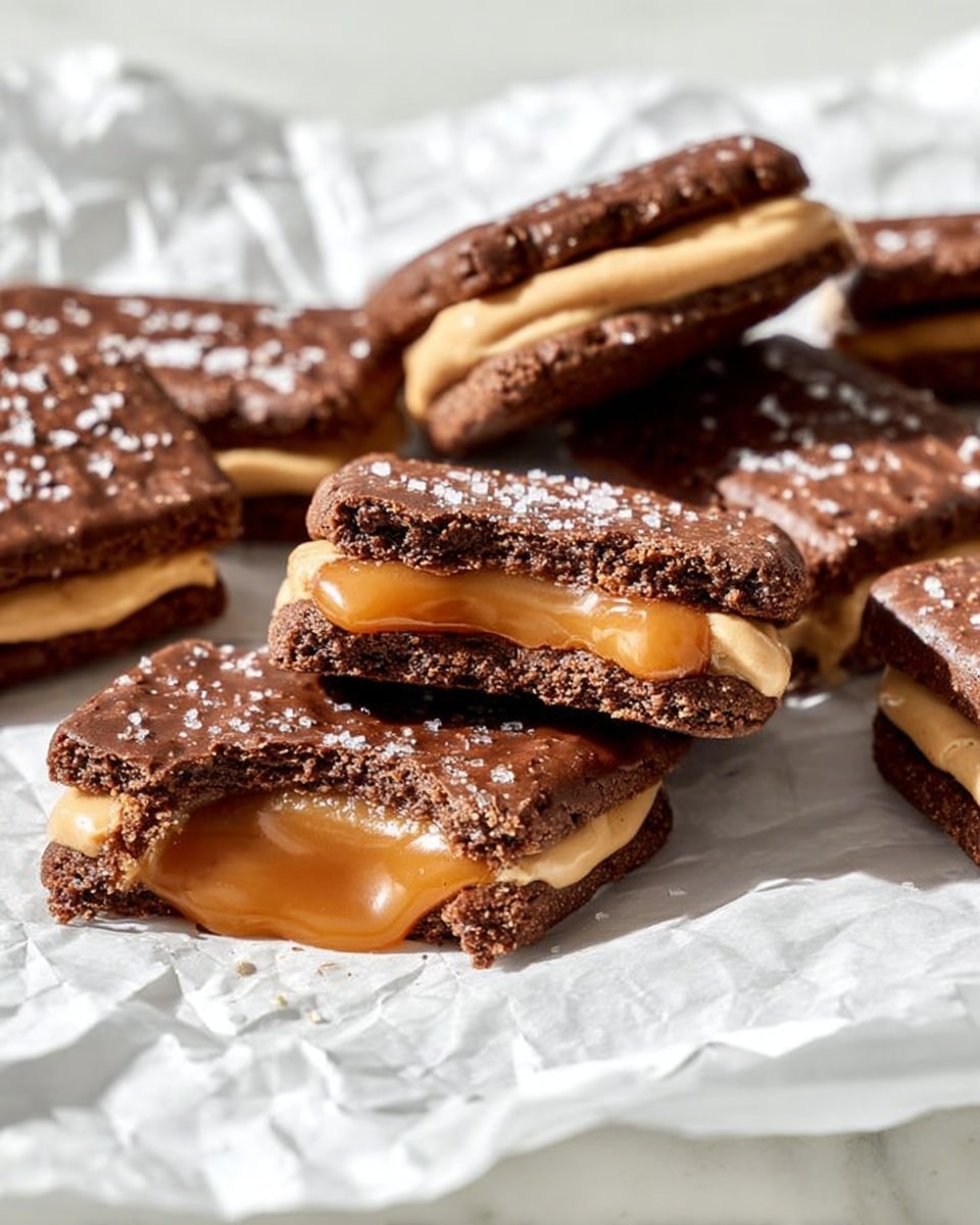 The image shows several rectangular chocolate cookies with a caramel filling inside, some are whole and one is broken to show the gooey caramel layer inside. Each cookie has two layers of dark brown, textured chocolate biscuit with a smooth, shiny caramel layer in the middle, and the top biscuit is topped with a thick layer of soft, light tan frosting sprinkled with coarse sea salt flakes. The cookies are placed on white crumpled parchment paper on a white marbled surface in bright natural light. Photo taken with an iphone --ar 4:5 --v 7
