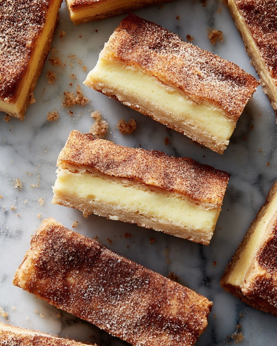 The image shows several rectangular pieces of a baked dessert arranged on a white marbled surface. Each piece has three layers: a light golden base layer, a thick creamy yellow middle layer, and a top layer that is browned and covered with a light sprinkle of granulated sugar, giving it a slightly rough texture. The edges are slightly crumbly, and small crumbs are scattered around the pieces, adding to the rustic look. Photo taken with an iphone --ar 4:5 --v 7