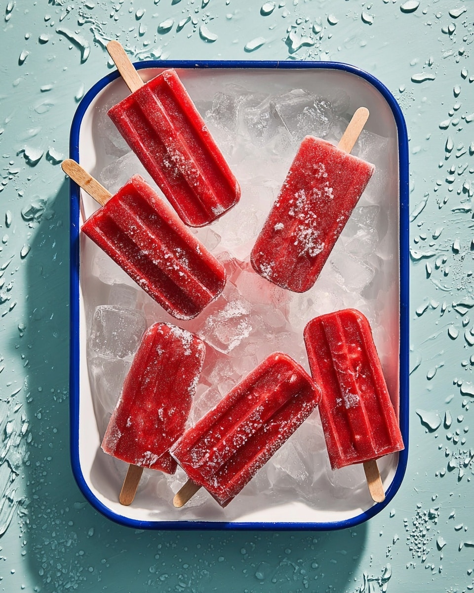 A white rectangular tray with a blue rim is filled with clear ice cubes, arranged to hold eight red popsicles with visible icy textures on their surfaces. The popsicles, all with wooden sticks, vary slightly in shape but share a deep red color and frosty, icy crystals coating parts of them. The tray sits on a white marbled textured surface with water droplets scattered around, adding to the cold and refreshing feel. photo taken with an iphone --ar 4:5 --v 7