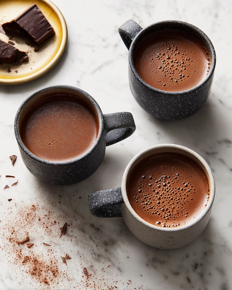 Three mugs filled with rich, smooth hot chocolate, each showing tiny bubbles on the surface. The mugs have a speckled texture in dark gray, black, and light gray colors, arranged in a loose triangle on a white marbled surface sprinkled lightly with cocoa powder. In the top left corner, partially unwrapped dark chocolate rounds rest with a few pieces broken off around them. Photo taken with an iphone --ar 4:5 --v 7