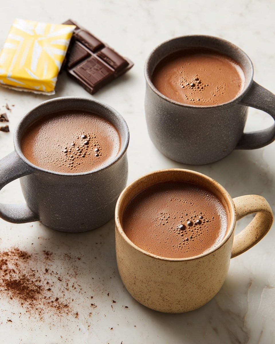 Three mugs filled with thick, creamy hot chocolate are placed on a white marbled surface. Each mug has a rough texture and is filled to the top with smooth, light brown hot chocolate showing small bubbles on the surface. The mugs are different shades of gray and beige with visible speckles. To the left of the mugs is a broken chocolate bar partially wrapped in yellow and white paper with a few chocolate squares missing. Light cocoa powder is lightly scattered on the white marbled surface around the mugs. photo taken with an iphone --ar 4:5 --v 7