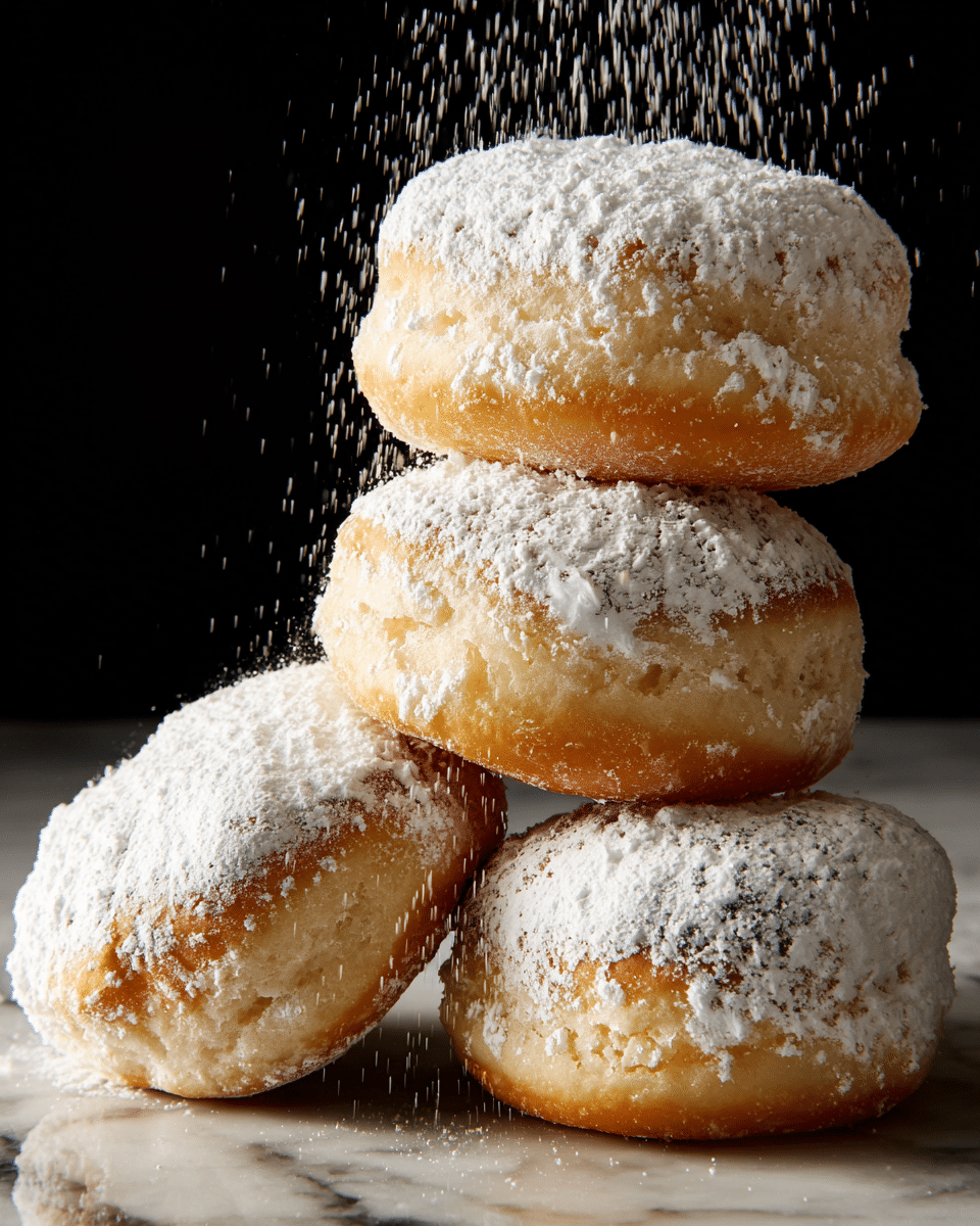 The image shows a close-up of four soft baked pastries stacked in a small tower. Each pastry is light golden brown with a slightly textured surface, covered thickly in white powdered sugar that dusts the tops and sides unevenly. The powdered sugar is also seen falling softly onto the pastries from above. One pastry on the right is slightly tilted, showing its soft inside with a light yellow crumb. The background is black, making the white powdered sugar and golden pastries stand out. The pastries rest on a reflective white marbled surface that catches subtle reflections of the powdered sugar. photo taken with an iphone --ar 4:5 --v 7