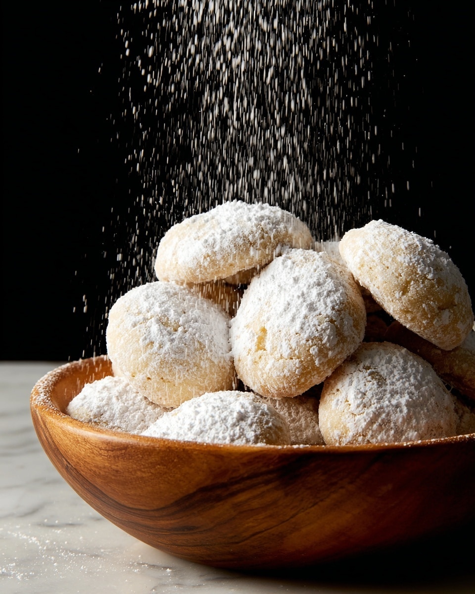 A wooden bowl filled with about eight round cookies covered in a thick layer of white powdered sugar. The cookies are pale golden with a soft texture, piled in a mound inside the bowl. Powdered sugar is falling from above, creating a dusting effect on the cookies and capturing motion in the air. The background is black, making the white powdered sugar stand out clearly, while the bowl sits on a white marbled surface. photo taken with an iphone --ar 4:5 --v 7