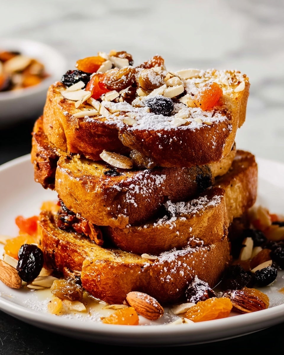 A stack of three thick golden brown slices of bread with a crispy texture is placed on a white plate. Between each slice are visible pieces of mixed dried fruits and nuts, including dark raisins, bright orange apricots, and light almond slivers. The top slice is sprinkled with white powdered sugar, adding a delicate contrast to the warm colors of the toast and fruit. Around the base of the stack, more nuts and dried fruit are scattered, all resting on a white marbled surface. photo taken with an iphone --ar 4:5 --v 7