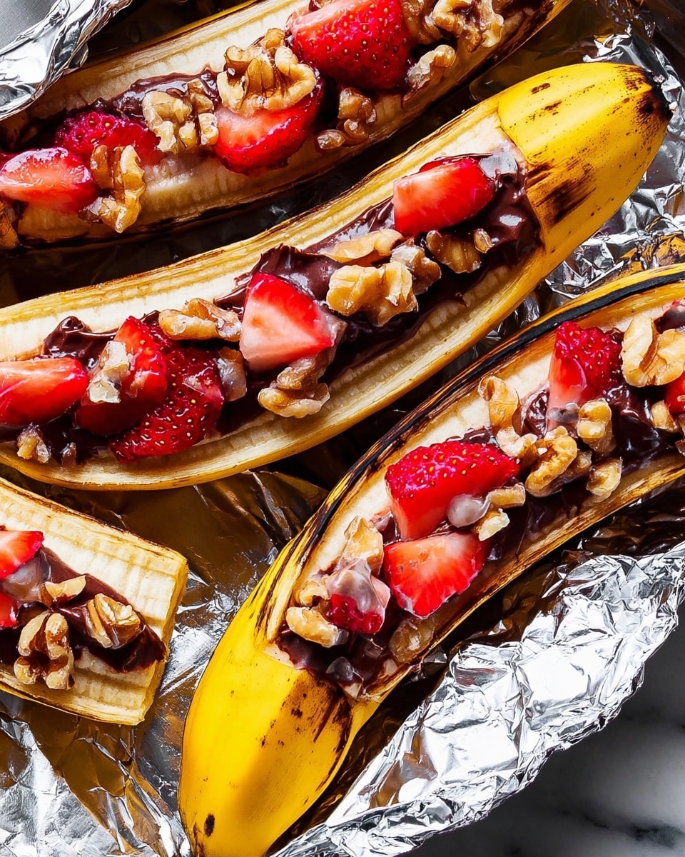 A close-up of halved bananas with their yellow peel slightly charred in parts, each split open lengthwise to reveal a colorful filling inside. The filling has a base layer of dark brown melted chocolate with pieces of bright red strawberry chunks and broken light brown walnut bits scattered evenly on top. The bananas rest in crinkled shiny silver foil, contrasting with their smooth texture and the white marbled surface beneath. The overall look shows the bananas ready to be eaten or made sweeter with the toppings. photo taken with an iphone --ar 4:5 --v 7