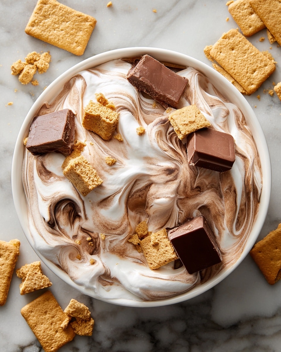 A white bowl filled with a creamy mix of white and light brown swirled marshmallow fluff, creating a soft, cloud-like texture on top. Scattered throughout the bowl are small chunks of light golden brown graham crackers and several thick pieces of dark milk chocolate with a smooth surface and sharp edges, some partially embedded in the fluffy mixture. The bowl sits on a white marbled surface with some extra pieces of golden graham crackers placed nearby. Photo taken with an iphone --ar 4:5 --v 7