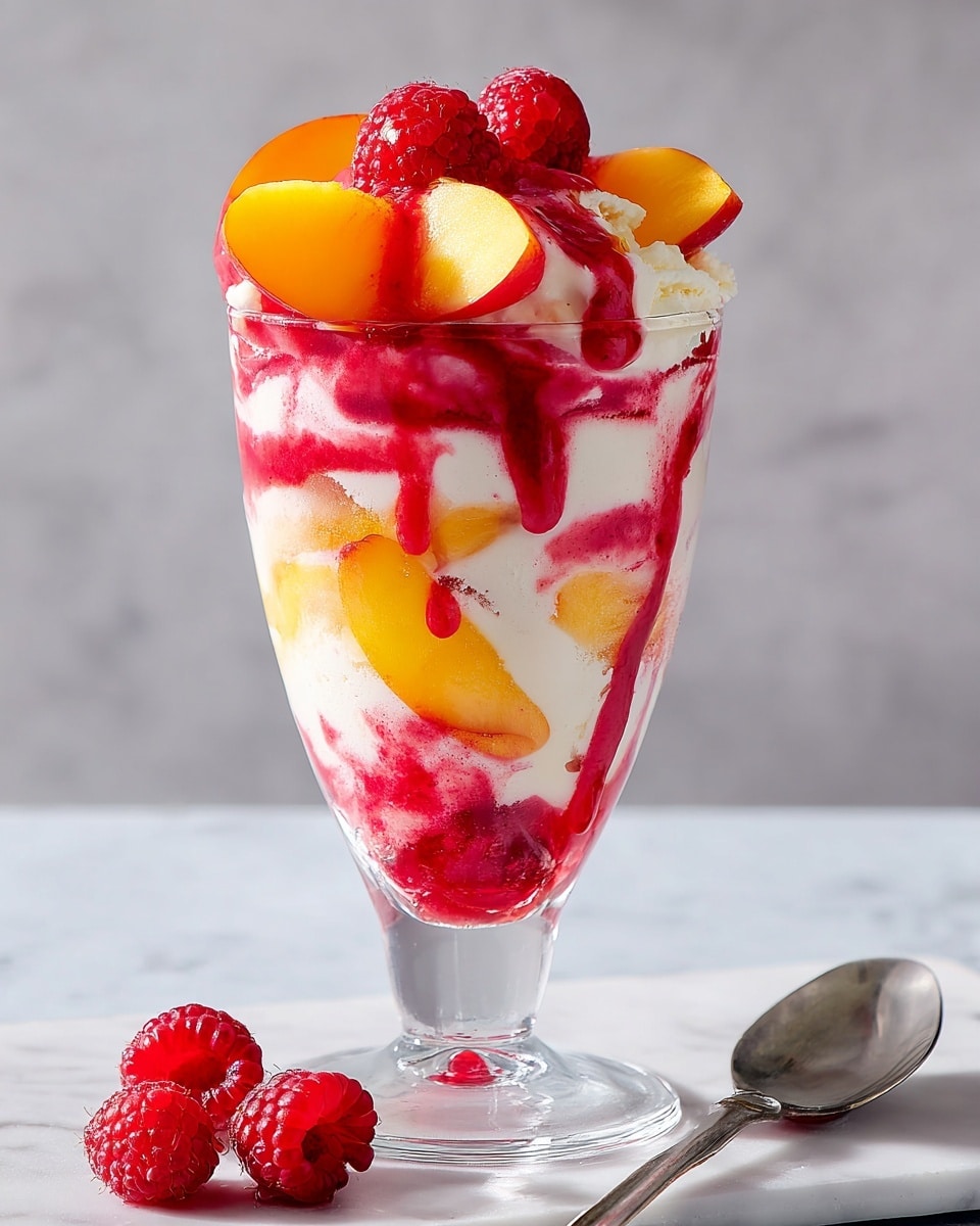 A tall clear glass shows a layered dessert with bright red raspberry sauce and bright yellow peach slices mixed well with creamy white ice cream, making a swirled look. The dessert is topped with fresh whole raspberries and peach slices, some of the raspberry sauce dripping down, adding shine and color. The glass sits on a white marbled surface with two fresh raspberries and a silver spoon near the base. The background is a light grey tone. photo taken with an iphone --ar 4:5 --v 7