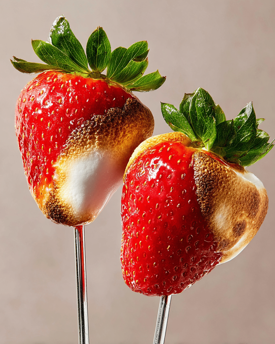 Two strawberries on sticks are shown against a plain background. Each strawberry has a bright red body with shiny surface and small seeds. They are partially covered in a layer of golden-brown toasted marshmallow, which is unevenly spread so the red skin of the strawberry shows around the edges where the marshmallow is melting. The top of each strawberry has fresh green leaves with visible veins and texture. The sticks holding the strawberries are shiny and clear, rising from below the frame. Photo taken with an iphone --ar 4:5 --v 7