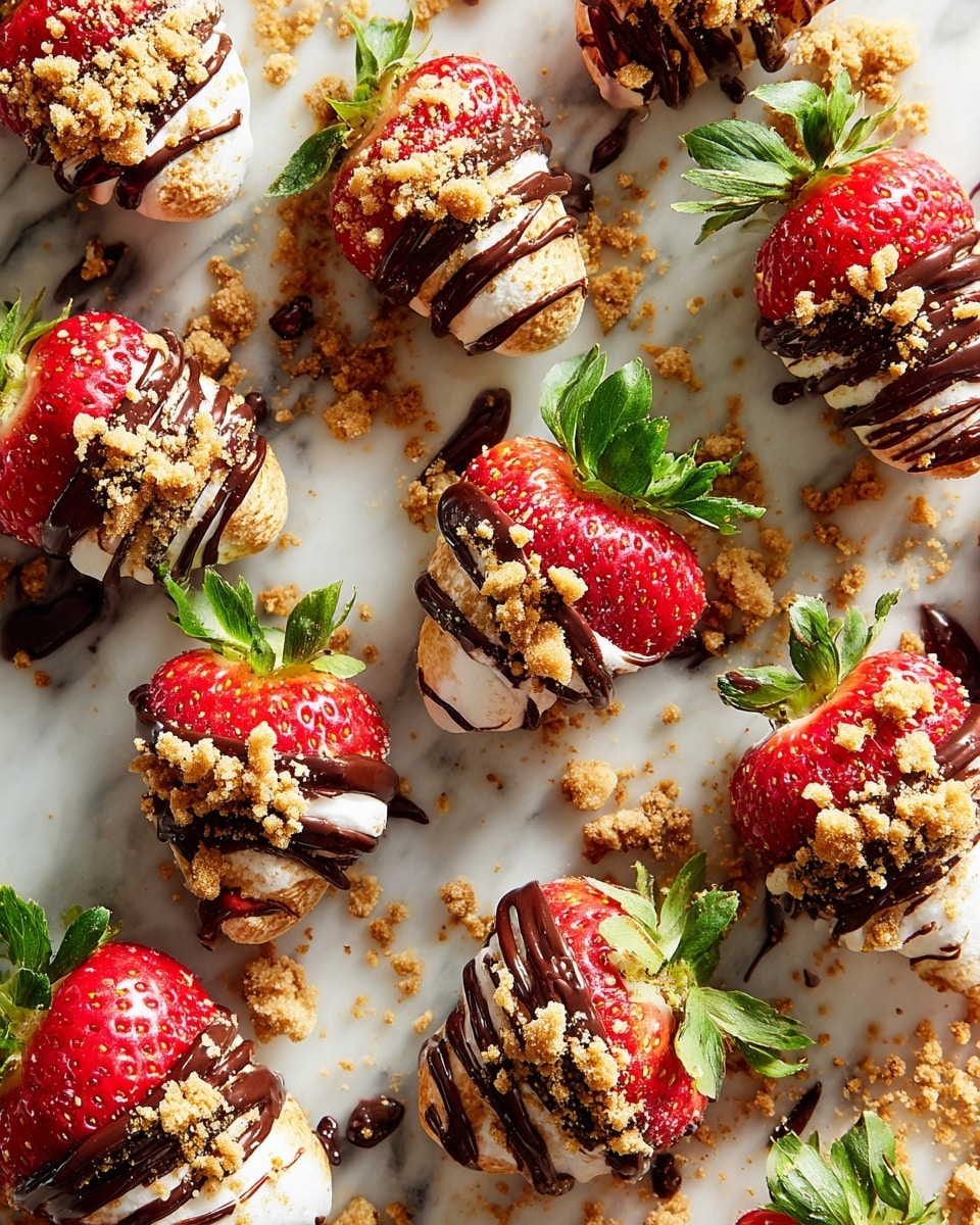 The image shows bright red strawberries, each dipped halfway in white cream and browned marshmallow, creating a toasted texture layer over the cream. A drizzle of dark chocolate sauce flows over and around the strawberries, adding a glossy, rich contrast. Crushed golden brown cookie crumbs are sprinkled on top and scattered on the white marbled surface beneath, enhancing the texture and color variety. The green leafy tops of the strawberries add a fresh, vibrant touch to the mix. The strawberries are arranged casually across the white marbled background, making the dessert visually appealing and inviting. photo taken with an iphone --ar 4:5 --v 7