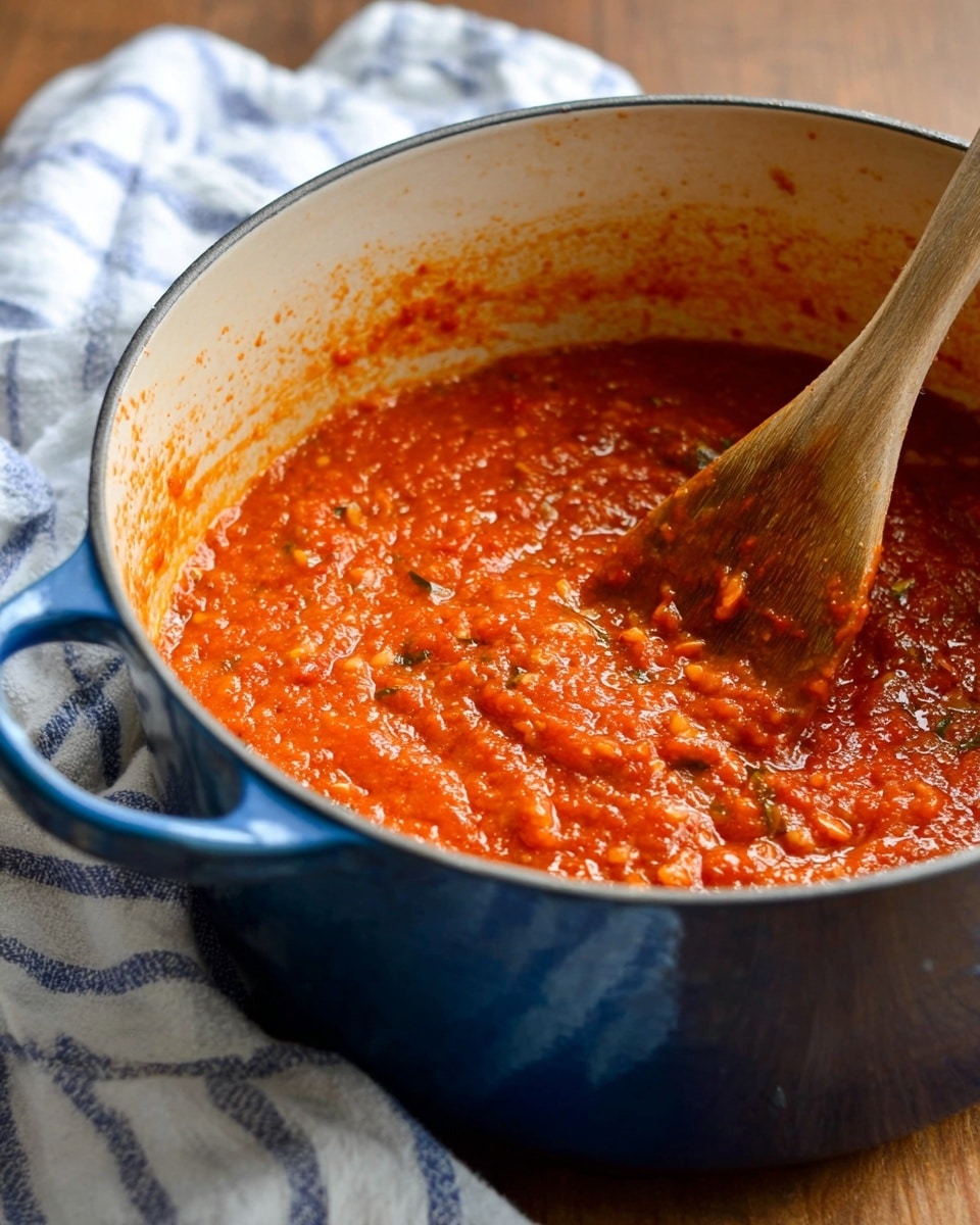 A thick, chunky red tomato sauce fills a large round blue pot with two handles, sitting on a black stove top next to a white marbled texture countertop. The sauce has a slightly coarse texture with visible small tomato pieces and is topped with chopped green basil leaves scattered across the surface. A wooden spoon with a light brown handle rests inside the pot, partly submerged in the sauce. The inner walls of the pot are stained with sauce marks showing it has been stirred. Photo taken with an iphone --ar 4:5 --v 7