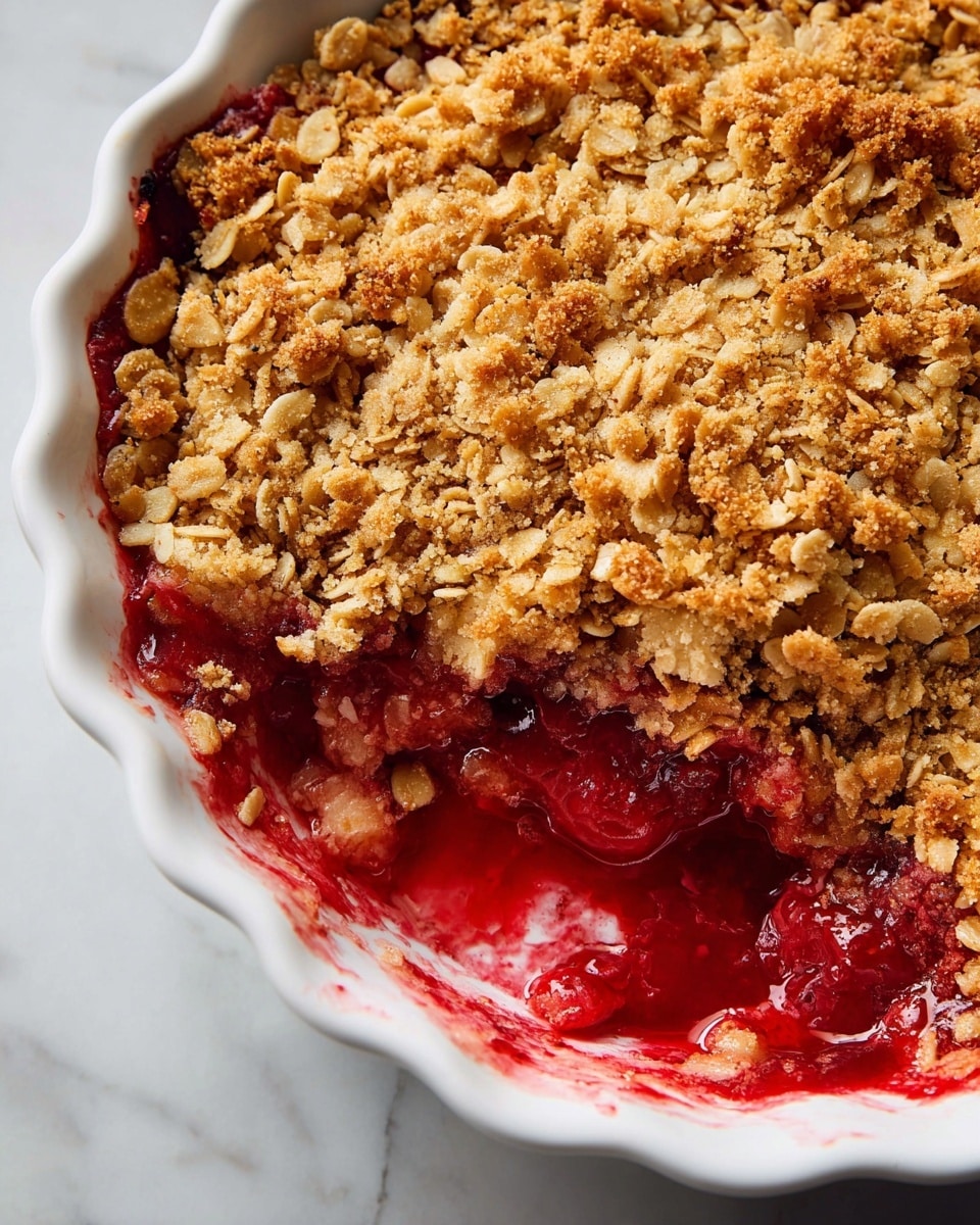 A close-up view of a white scalloped ceramic dish filled with a fruit crisp dessert. The top layer is a golden brown, crumbly oat and nut mixture with a rough texture and clusters of oats. Below this, there is a thick, vibrant red fruit filling visible especially where a portion has been scooped out from the bottom right side, showing juicy berries and syrup with a soft, glossy texture. The inside edge of the dish has some red fruit juices spilled along it. The dish is placed on a white marbled surface. photo taken with an iphone --ar 4:5 --v 7