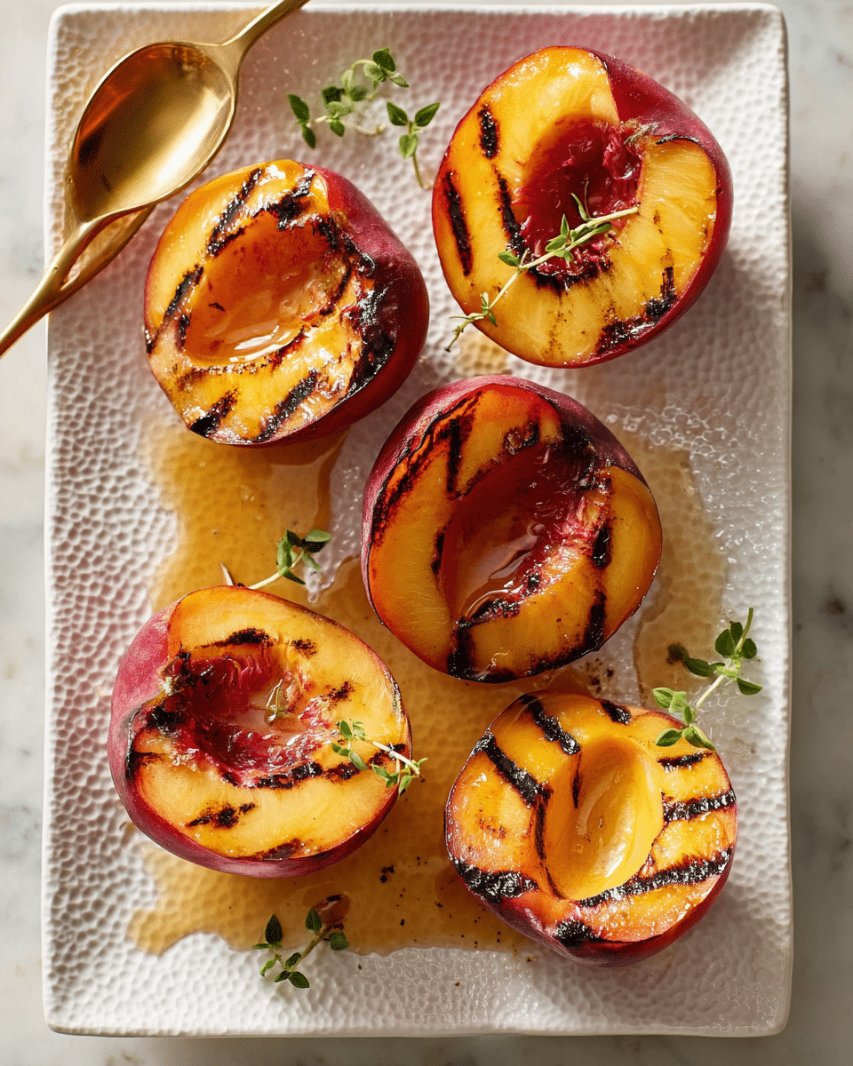 The image shows five grilled peach halves arranged on a white textured rectangular plate. Each peach half has visible dark grill marks on its golden-orange flesh, with edges of the skin in deep red and pink hues. The peaches rest on a light drizzle of amber-colored syrup, which pools slightly around them. Small green herb sprigs are scattered around, adding a touch of freshness. A gold spoon lies on the plate's top left corner, reflecting warm light. The plate is set on a white marbled surface. photo taken with an iphone --ar 4:5 --v 7