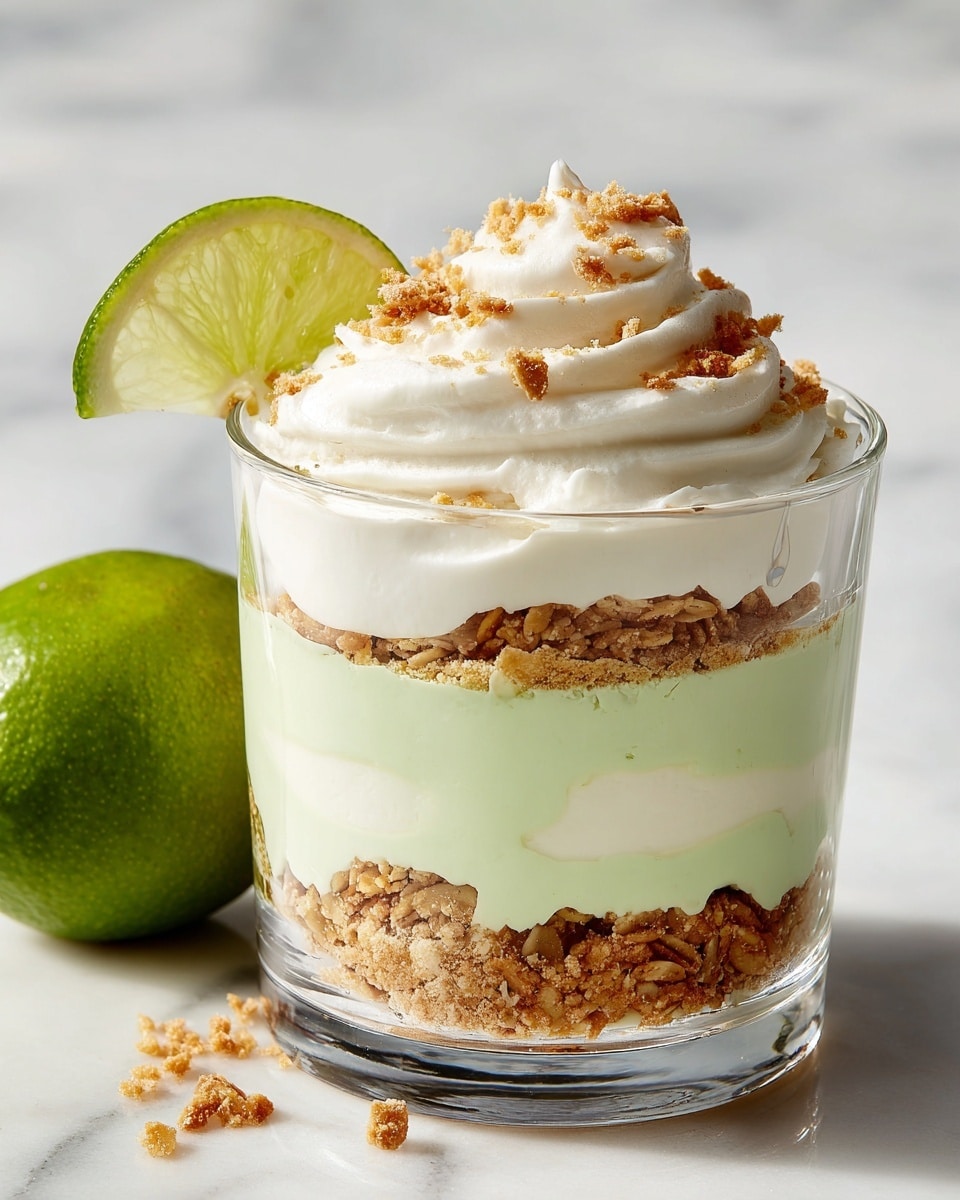 A clear glass cup holding a layered dessert with three main layers starting from the bottom: a crumbly, light brown crunchy base with visible oat flakes; above it, a smooth light green creamy layer; topped again with the crunchy base; and then another thick layer of the light green cream. On top, a thick, fluffy white whipped topping sprinkled with small brown crumb pieces, and a slice of bright green lime placed upright on the rim. The cup is set on a white marbled surface, with a whole lime sitting next to it. Photo taken with an iphone --ar 4:5 --v 7