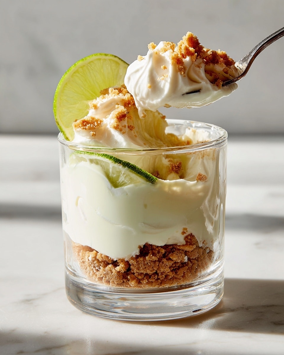 A clear glass holds a layered dessert starting with a base of crumbled light brown cookie crumbs, followed by a thick smooth white cream layer above it. Another crumb layer sits in the middle, topped by a generous layer of white whipped cream forming soft peaks. A thin slice of lime is placed upright on one side, partly submerged in the cream, and small cookie crumbs are sprinkled on top, with a spoon lifting a dollop of the whipped cream and crumbs from the glass. The glass sits on a white marbled surface with soft natural light highlighting the creamy texture. photo taken with an iphone --ar 4:5 --v 7