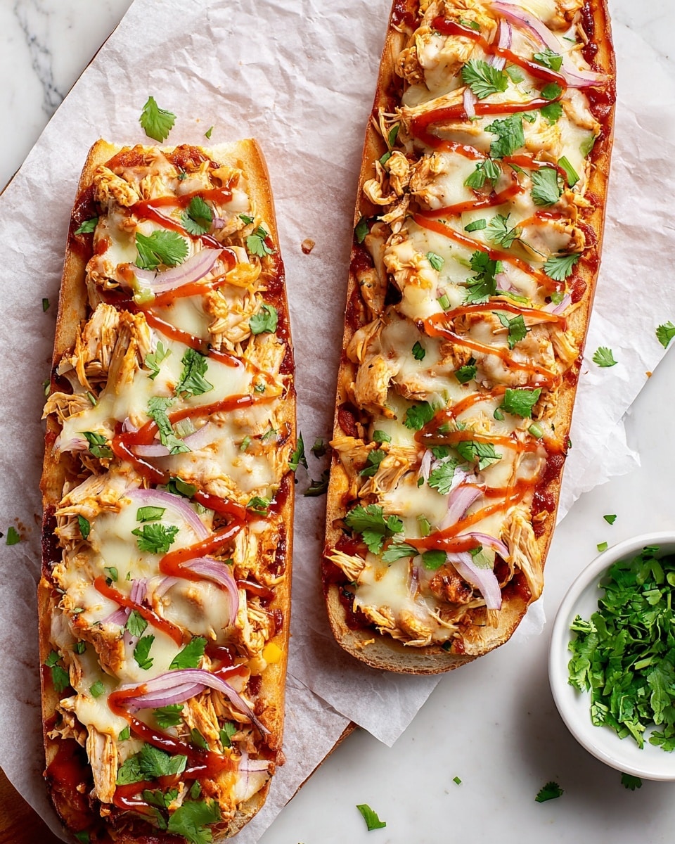Two long bread slices lie side by side on white parchment paper over a white marbled surface. Each slice has three layers: the bottom layer is a reddish sauce spread evenly, the middle layer is shredded cooked chicken mixed with thin slices of red onion, and the top layer is melted cheese that is golden and creamy in texture. Bright red sauce lines zigzag across the top, and fresh green cilantro pieces are scattered throughout both slices. To the right, a white bowl holds extra chopped cilantro. Photo taken with an iphone --ar 4:5 --v 7