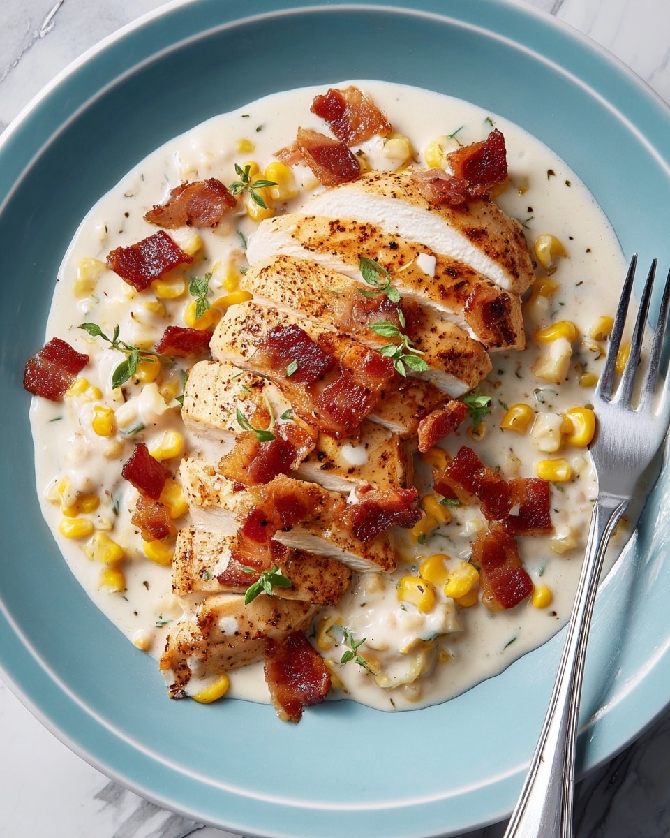 The dish shows a white plate with a light blue rim, holding sliced cooked chicken breast with a pepper-crusted golden brown surface, spread over a creamy white sauce mixed with yellow corn kernels. Scattered crispy deep red bacon pieces and small green herb leaves top the chicken and sauce. The creamy sauce pooled around the chicken has a smooth texture with some visible seasoning. A shiny silver fork rests on the right side of the plate. The background is a white marbled texture. Photo taken with an iphone --ar 4:5 --v 7