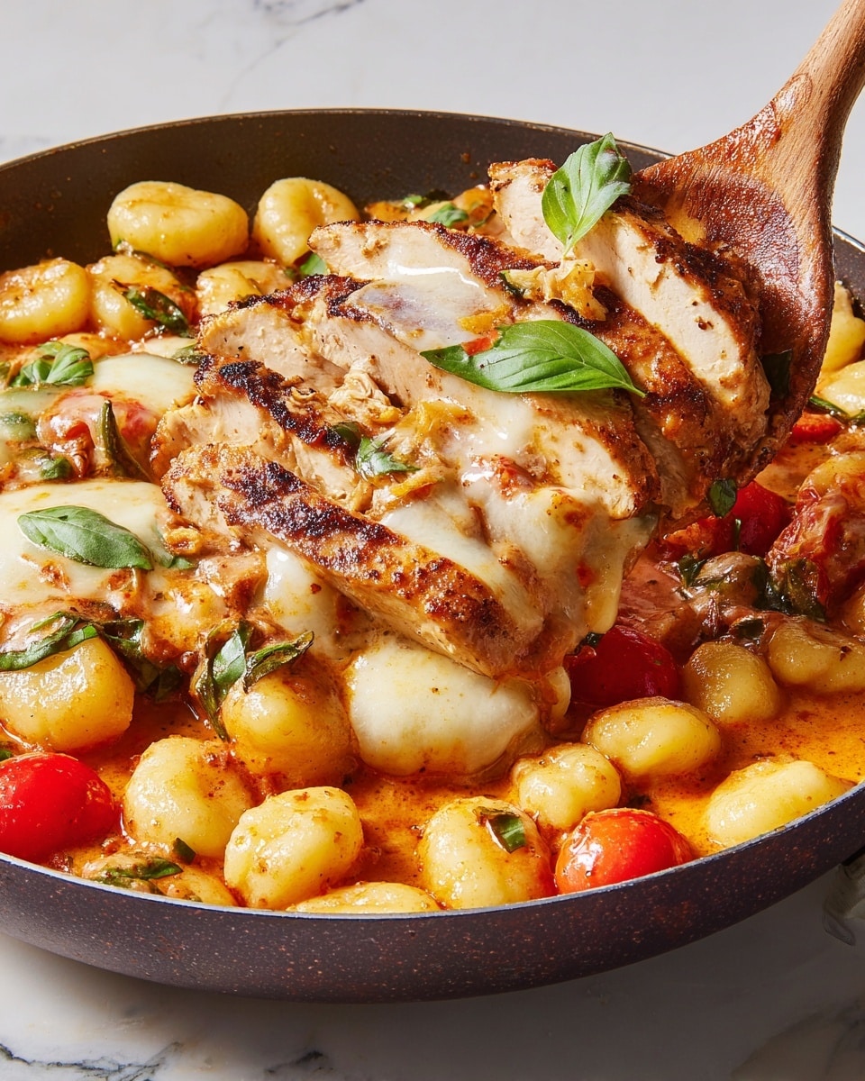 This image shows a close-up of a cooked dish in a dark frying pan on a white marbled surface. The dish has multiple layers: the bottom layer has small, round pale yellow gnocchi mixed with a rich orange-red sauce, dotted with green herbs. On top of the gnocchi are slices of grilled chicken breast with a brown, slightly charred texture and creamy white melted cheese with some basil leaves placed on it. There are also pieces of cherry tomatoes, which are bright red and soft. A wooden spoon is scooping a portion from the pan, showing the gnocchi, chicken slices, sauce, and herbs together. The background is plain and light-colored. photo taken with an iphone --ar 4:5 --v 7