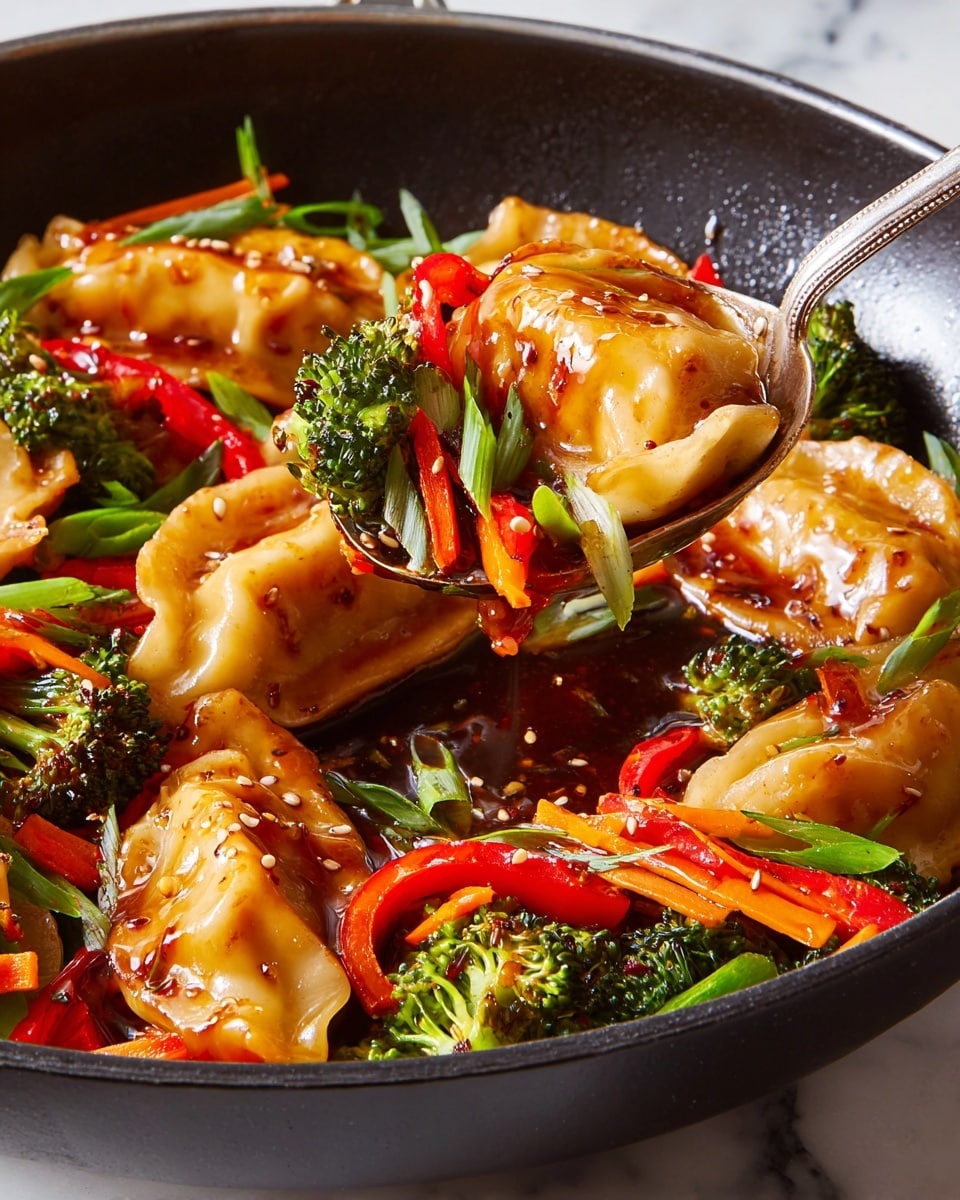 The image shows a close-up of a black pan filled with several golden-brown fried dumplings, each covered with a shiny, slightly thick sauce. The dumplings are nestled among bright, colorful vegetables including green broccoli florets, thin strips of red bell pepper, orange carrot pieces, and green onion slices. There are small white sesame seeds sprinkled over the dish, adding texture. A silver spoon is lifting one dumpling out of the pan, with visible broccoli and red bell pepper on the spoon, all coated with the same glossy sauce with a small drip hanging from the edge. The pan sits on a white marbled surface. photo taken with an iphone --ar 4:5 --v 7