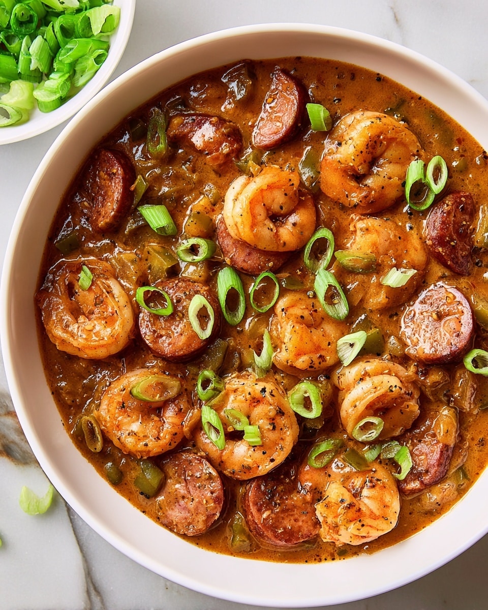 A white bowl filled with a thick brown stew that has visible chunks of cooked shrimp and sliced sausage mixed in. The shrimp are a light pink-orange color with a slightly shiny texture, while the sausage slices are darker brown with some charred spots. The stew base is rich and creamy, with small pieces of green peppers and onions throughout. Bright green, sliced scallions are sprinkled evenly over the stew, adding contrast with their fresh, crisp look. Around the bowl, there is a white marbled surface with more green scallions in a small white bowl in the background. photo taken with an iphone --ar 4:5 --v 7