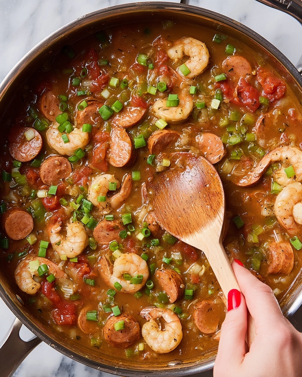 A close-up of a pot filled with a thick, brownish-red stew with slices of light brown sausage and pink shrimp scattered throughout. There are pieces of red tomato and bright green chopped scallions spread all over the stew. A wooden spoon is stirring the stew, held by a woman's hand with red nail polish. The pot has a shiny silver edge, and the background is a white marbled surface. Photo taken with an iphone --ar 4:5 --v 7