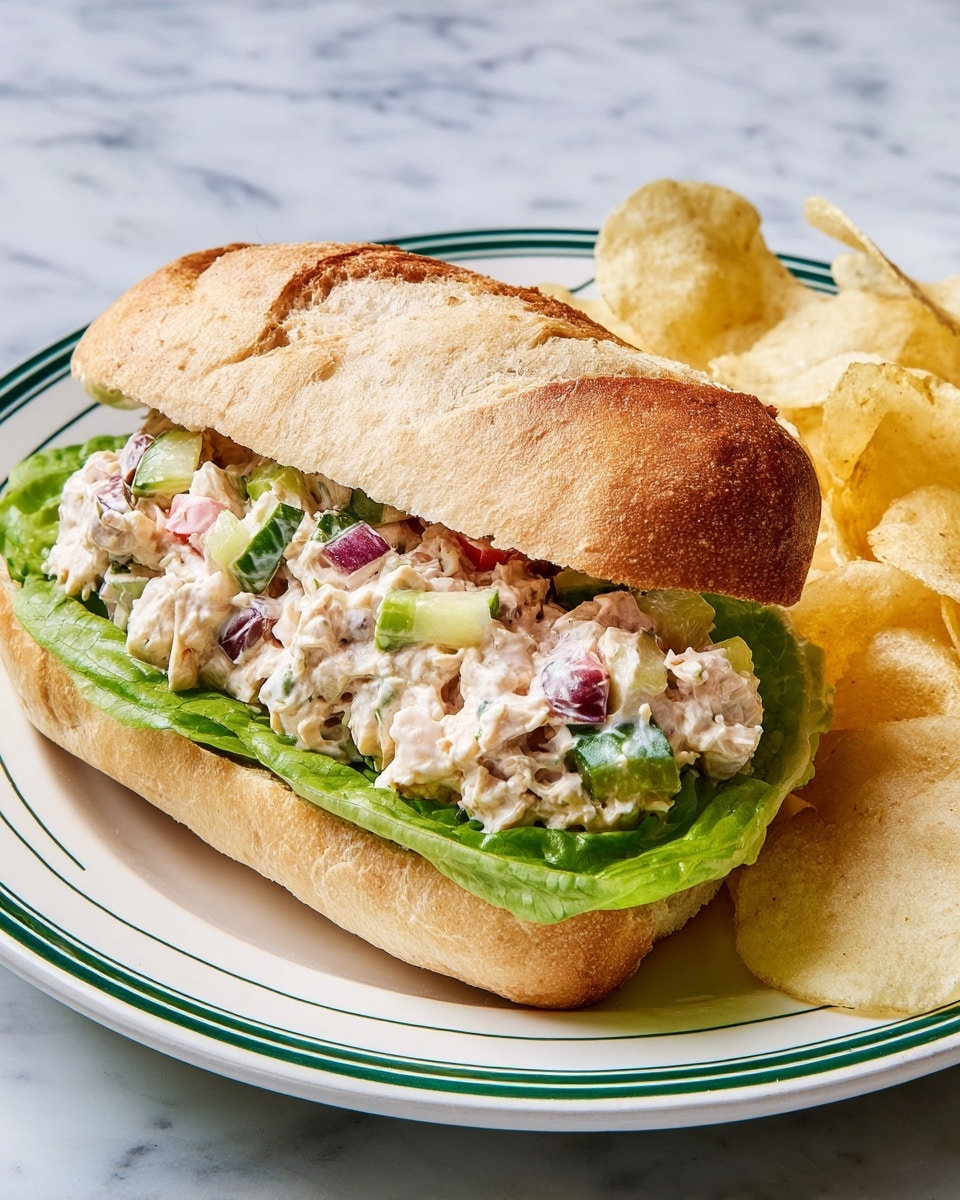 A white plate with green stripes holds a sandwich and potato chips. The sandwich has three layers: the bottom layer is light green leaf lettuce, the middle layer is a mixture of creamy chicken salad with small red, green, and purple bits, and the top layer is a light brown toasted sub roll with a slightly cracked crust. To the right of the sandwich, pale yellow, crispy potato chips are scattered. The plate sits on a white marbled surface. photo taken with an iphone --ar 4:5 --v 7