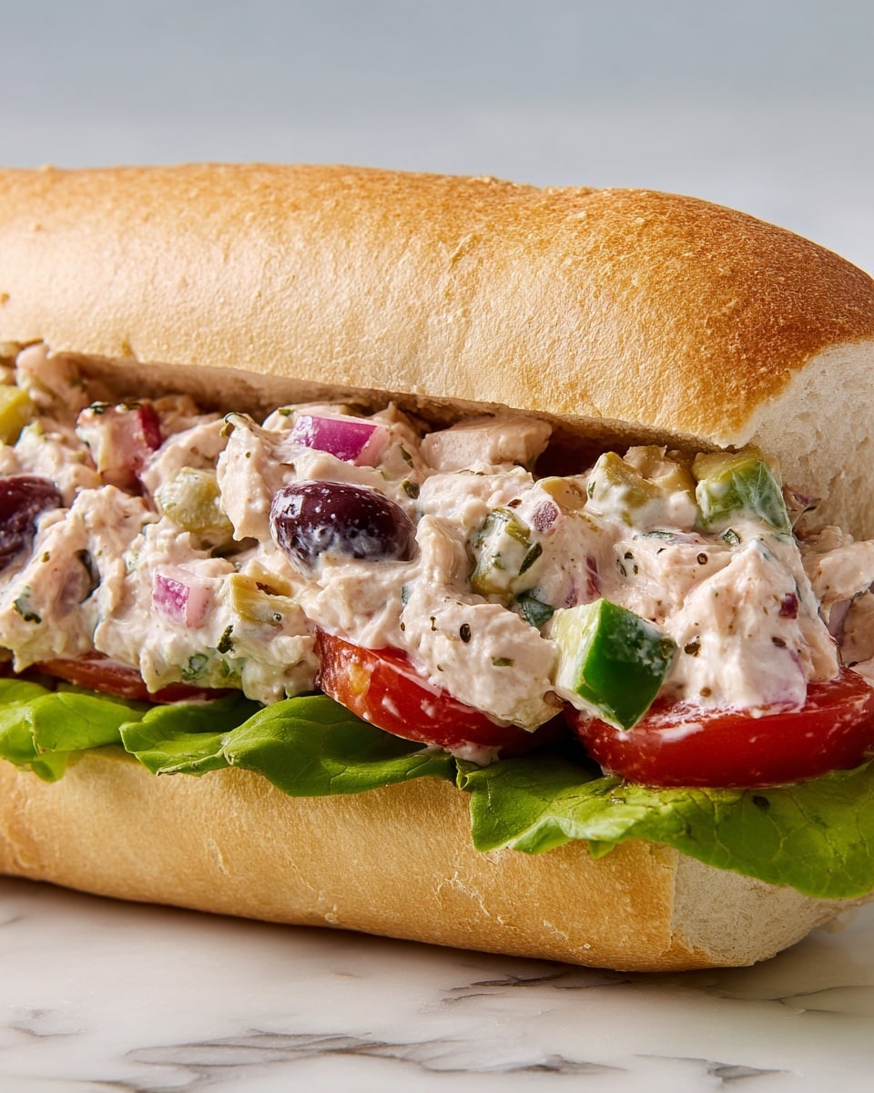 A sandwich on a soft, light golden-brown hoagie roll with a slightly crusty texture. Inside, there is a creamy chicken salad filling made of white chicken pieces mixed with a creamy dressing, accompanied by colorful chunks of red tomato, green celery, purple olives, and small bits of red onion. At the bottom, a layer of fresh green lettuce leaves adds a crisp texture. The sandwich rests on a white marbled surface. photo taken with an iphone --ar 4:5 --v 7