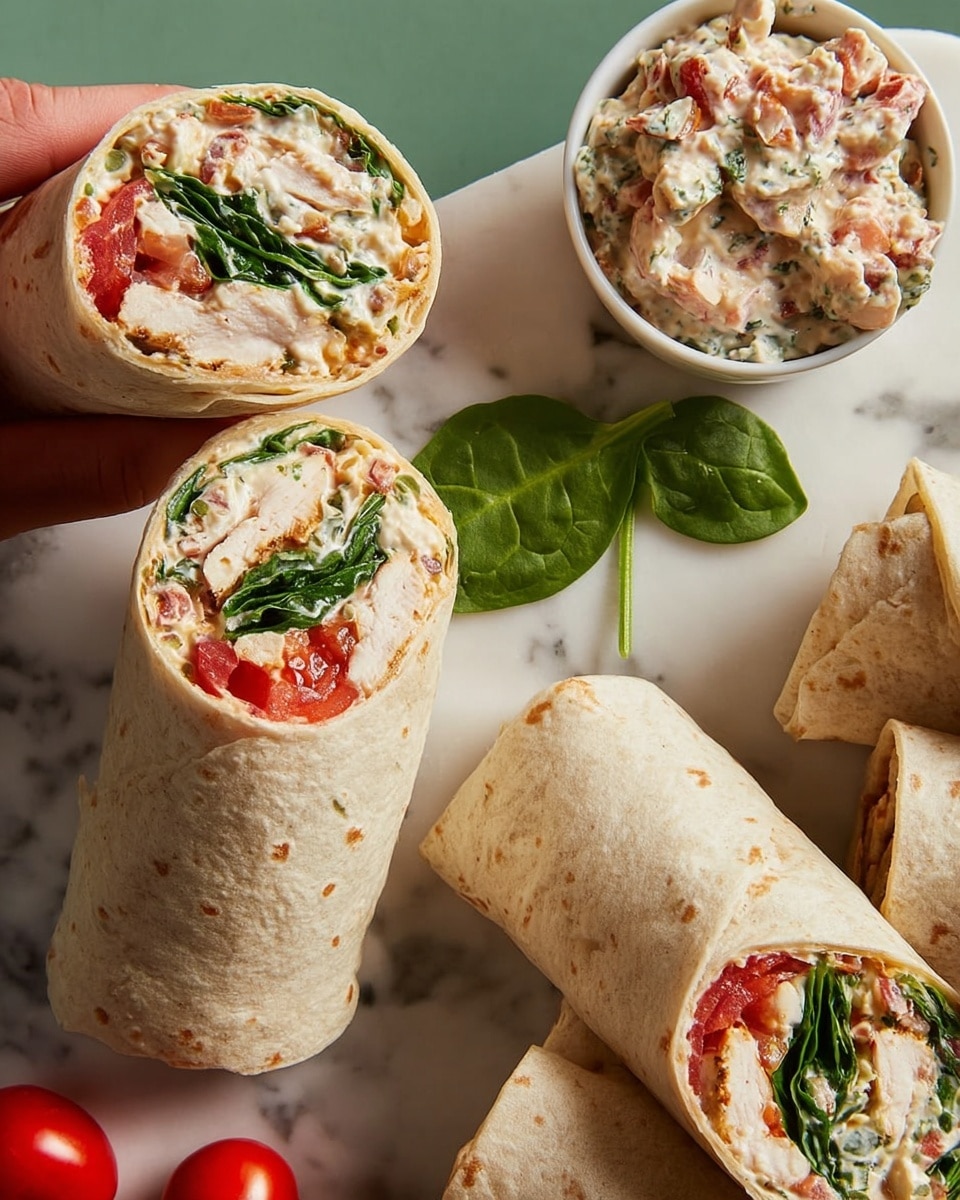 The image shows several wraps on a white marbled surface, each one tightly rolled with a soft, light beige tortilla outside. The wraps are cut to reveal layers inside: an outer layer of creamy spread with bits of herbs and vegetables, a bright red tomato slice next to fresh, vibrant green spinach leaves that add a leafy texture, and chunks of white grilled chicken meat providing a firm layer. One wrap is partly opened by a woman's hand, showing the layers clearly from the side. There is also a small white bowl filled with a chunky, creamy dip that has bits of vegetables, placed near the wraps, and a few tomato pieces scattered around. Photo taken with an iphone --ar 4:5 --v 7
