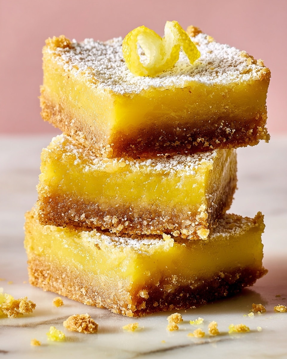 Three square lemon bars are stacked on top of each other on a white marbled surface. Each bar has two visible layers: a bottom layer of rough, crumbly brown crust and a thick, glossy yellow lemon filling with a smooth texture. The top layer is dusted with a fine, white powdered sugar that lightly spills onto the surface. The top bar is decorated with a small slice of lemon peel placed slightly off-center. Crumbs and small pieces of lemon peel are scattered around the stack. The background is softly blurred in a pale pink color. Photo taken with an iphone --ar 4:5 --v 7