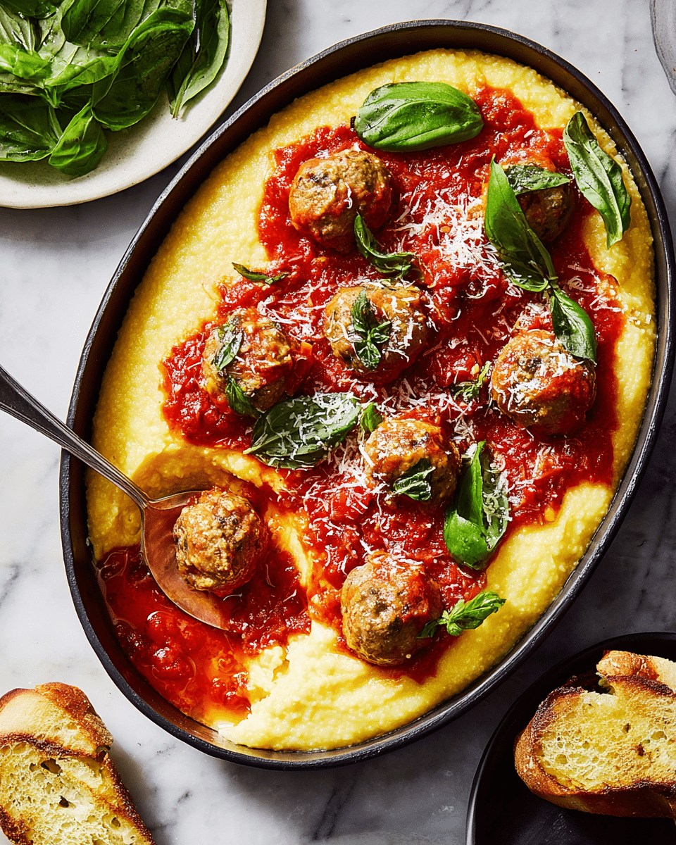 This dish shows a black oval pan filled with three layers: the bottom layer is pale yellow creamy polenta, smooth and thick covering the whole pan; the middle layer includes bright red tomato sauce spread over the polenta; the top layer is made of several medium-sized brown meatballs with visible texture, each covered with red sauce and sprinkled with small white grated cheese pieces. Fresh dark green basil leaves are scattered on top for color contrast. A silver spoon is scooping one meatball, revealing its textured inside. In the corner, there is a white plate full of fresh green leafy basil, and next to the pan, a piece of golden toasted bread is placed on a white marbled surface. photo taken with an iphone --ar 4:5 --v 7