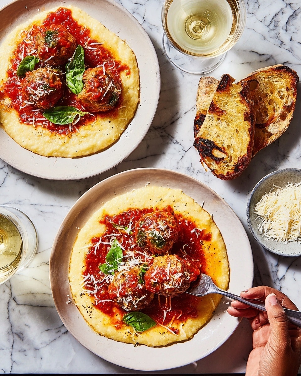 Two white plates each hold a dish with three meatballs in a layer of light yellow creamy polenta, topped with rich red tomato sauce and garnished with bright green basil leaves and shredded white cheese. Each plate also has a piece of toasted bread with a golden brown, slightly crispy texture placed on the side. A woman's hand is holding a fork with a meatball dipped in sauce on it over one of the plates. The setting is on a surface with a white marbled texture, alongside a glass of light yellow wine and a small bowl of shredded cheese nearby. Photo taken with an iphone --ar 4:5 --v 7