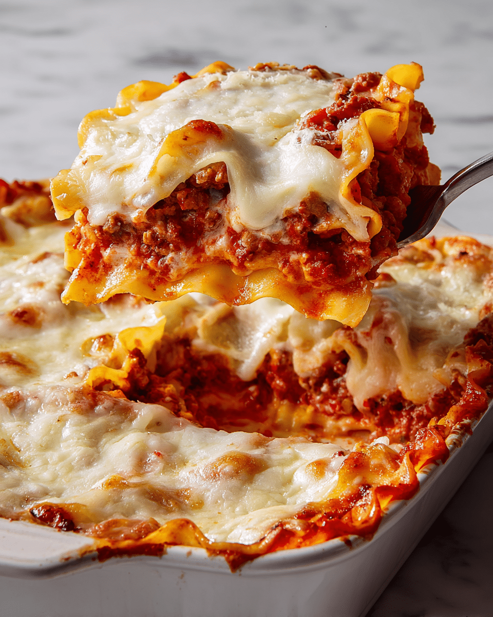 A slice of lasagna is being lifted from a white pan placed on a white marbled surface. The lasagna has multiple layers, starting with a base layer of textured red tomato sauce with visible meat chunks, followed by flat, ruffled pale yellow pasta sheets. Above the pasta, there is a generous layer of melted white cheese that looks creamy and slightly browned on top, with spots of golden color. The overall texture is gooey and rich with the layers clearly visible and some bubbling sauce around the edges. Photo taken with an iphone --ar 4:5 --v 7