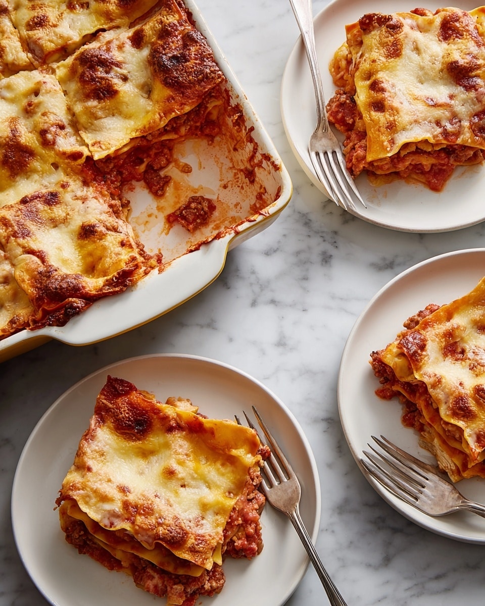 This image shows a baked lasagna served in a white rectangular dish with three pieces on three white plates. The lasagna has layers starting with a golden-brown crispy pasta sheet on top covered by melted cheese with light brown spots. Below this, you see a red tomato sauce with visible chunks of cooked meat and soft pasta sheets. Each piece reveals multiple layers of reddish sauce, beige pasta, and the creamy, light yellow melted cheese. The edges of the pasta sheets are slightly curled and browned. The scene is set on a white marbled surface with three silver forks placed near the plates. photo taken with an iphone --ar 4:5 --v 7