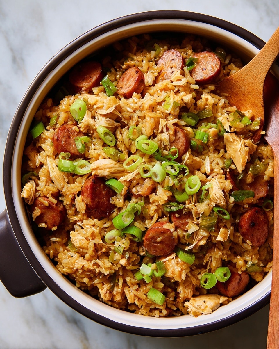 The image shows a close-up of a bowl filled with a cooked rice dish, mixed with several layers of brownish-orange rice, slices of browned sausage, shredded pieces of cooked chicken, small chunks of green celery, and scattered green onion slices on top. The rice has a slightly oily, soft texture and looks well mixed with the other ingredients. A wooden spoon is partially visible on the right side, resting in the bowl, which is white with a dark rim. The dish is placed on a white marbled surface. photo taken with an iphone --ar 4:5 --v 7