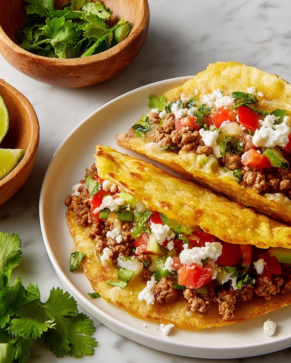 Two tacos sit on a white plate over a white marbled surface, each taco made of golden-brown, slightly crispy corn tortillas folded over a filling. The filling shows a first layer of cooked ground meat in a light brown color, mixed with small pieces of cooked yellow onion. On top of the meat, there are scattered pieces of bright red diced tomatoes and green cilantro leaves. Small white crumbles of cheese are also sprinkled on the filling. To the left of the plate, two wooden bowls hold bright green fresh cilantro leaves and lime wedges with a glossy, juicy texture. The overall look is fresh and colorful. photo taken with an iphone --ar 4:5 --v 7
