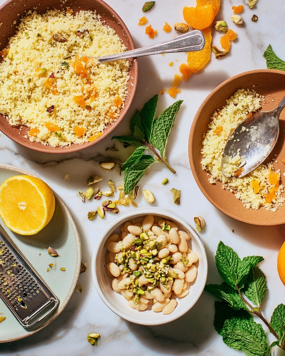 The image shows a flat lay of a meal with two white bowls filled with couscous containing small orange pieces scattered inside, with one bowl partially empty and a silver spoon with couscous resting inside it. There is a small white bowl in the center filled with white beans mixed with green herbs. Around the bowls are fresh green mint leaves, a halved lemon, and scattered chopped pistachios on a small white plate. An orange with some zest removed and a silver zester with orange zest are also present on the white marbled surface. The photo taken with an iphone --ar 4:5 --v 7