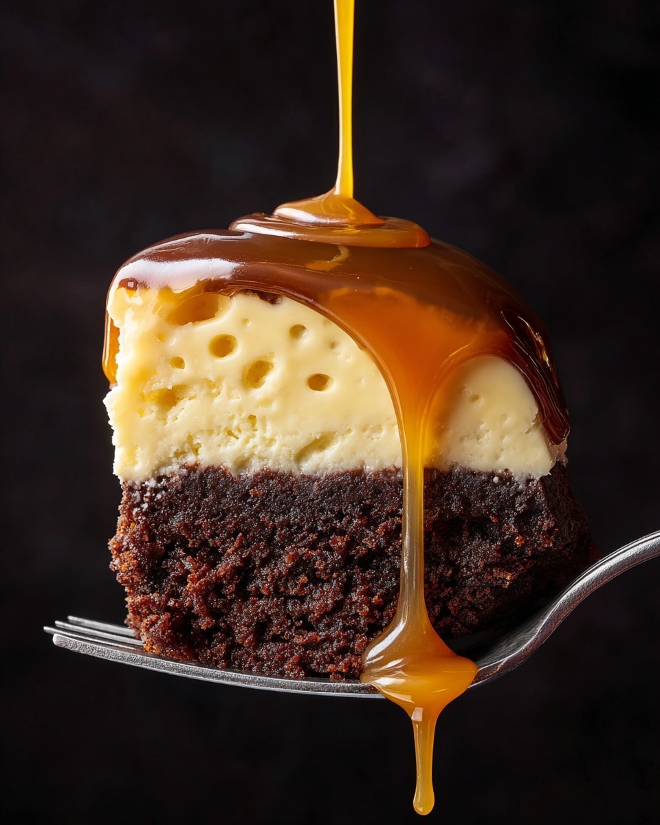 A close-up of a slice of dessert held on a silver fork against a black background, showing two layers: the bottom layer is moist, dark brown chocolate cake with a soft and crumbly texture, and the top layer is smooth, creamy pale yellow cheesecake with tiny holes. Golden caramel sauce is being poured from above, slowly dripping down the sides and pooling on the fork beneath. photo taken with an iphone --ar 4:5 --v 7
