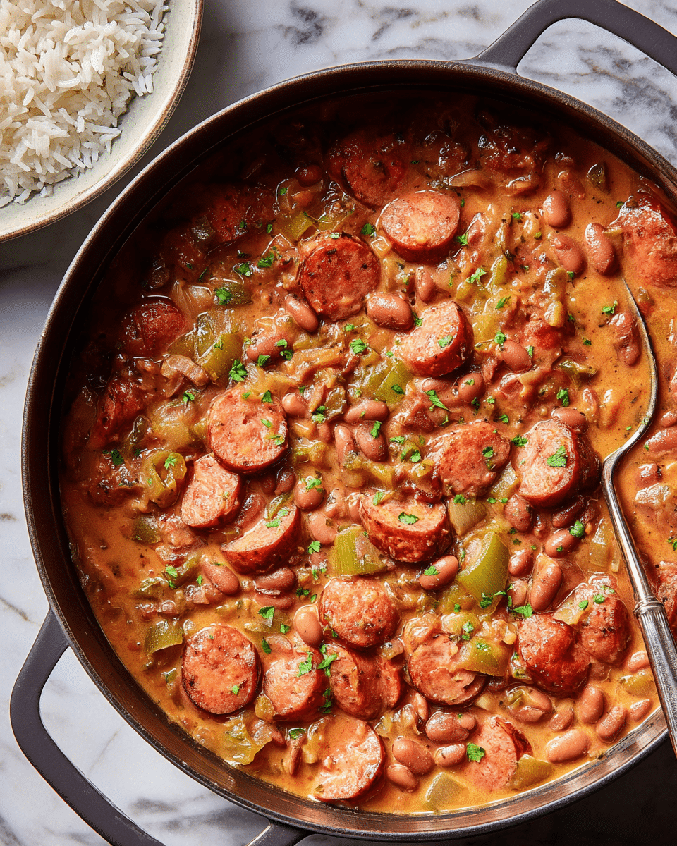 A large black pot filled with a thick stew showing several layers of chunky ingredients, starting with a base full of reddish-brown beans and thick creamy broth with visible green bell peppers. Above this, slices of browned sausage in a warm reddish-orange color are spread evenly, mixed with small chopped pieces of light yellow onions and celery. The stew is sprinkled with small green herb pieces, adding a fresh touch on top. Part of a white marbled surface is visible under the pot, with a white plate holding some white rice placed nearby. Photo taken with an iphone --ar 4:5 --v 7