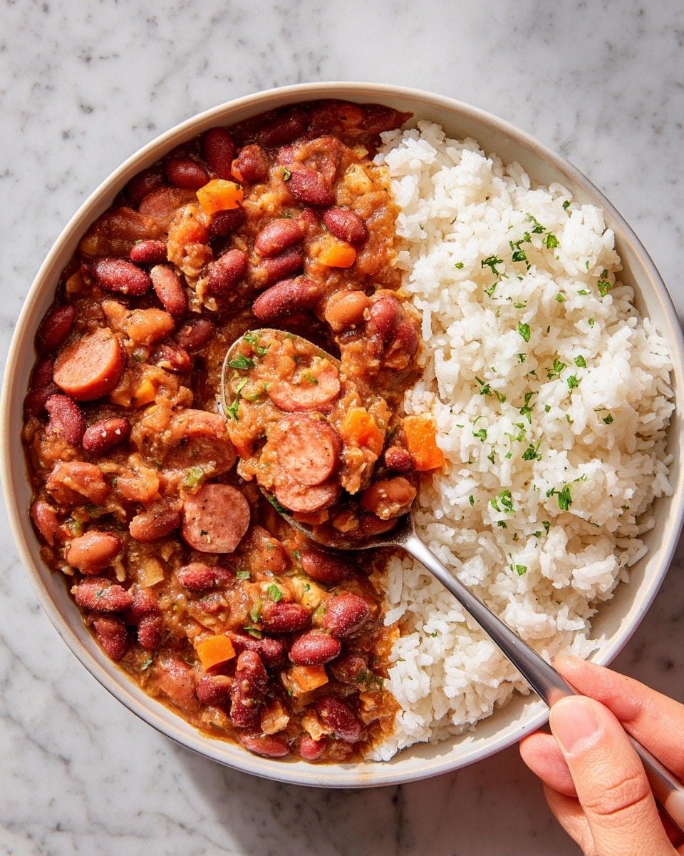 A close-up top view of a bowl filled with two main layers: on the left side, there is a thick mix of red beans, small orange cubes, sliced sausage pieces, and green herbs in a reddish-brown sauce with a slightly chunky texture; on the right side, there is a fluffy layer of white rice with visible grains. A spoon is scooping a mix of both the bean stew and rice near the center, held by a woman’s hand on the right edge of the image. The bowl is white and placed on a white marbled surface. Photo taken with an iphone --ar 4:5 --v 7
